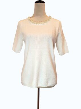 NEW CHLOE + JASMINE SZ M Pearl Embellished Short Sleeve Knit Sweater Top Ivory